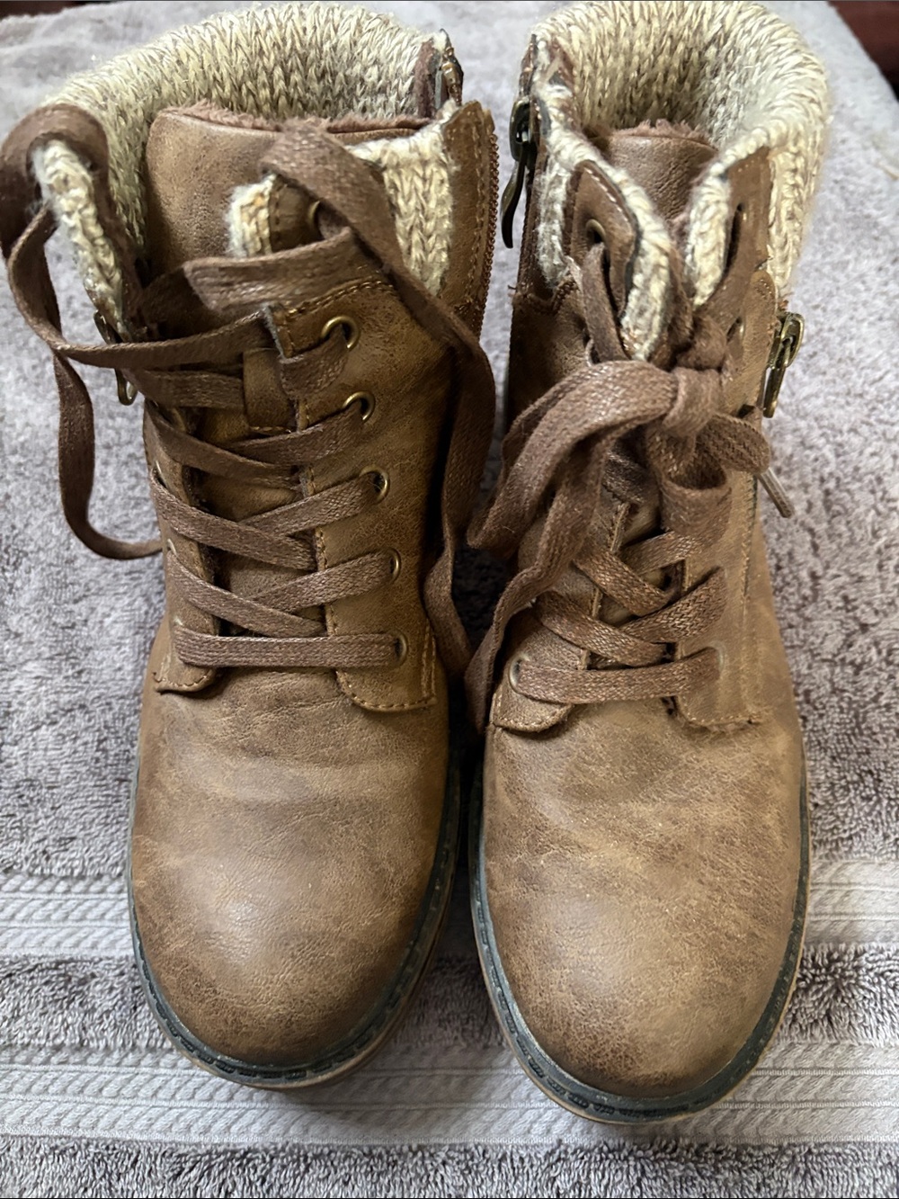 Wanderlust Brown Lace-Up Knit Cuff Ankle Boots